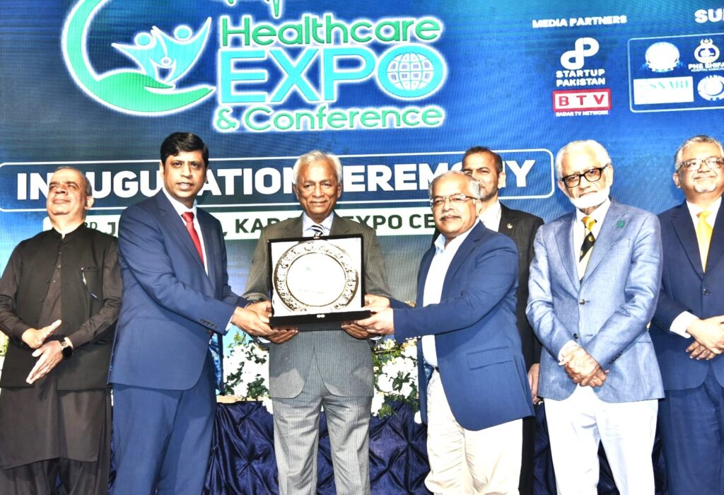Sindh Governor Syed Muhammad Nehal Hashmi visits exhibition stalls after inaugurating the Healthcare Expo in Karachi.