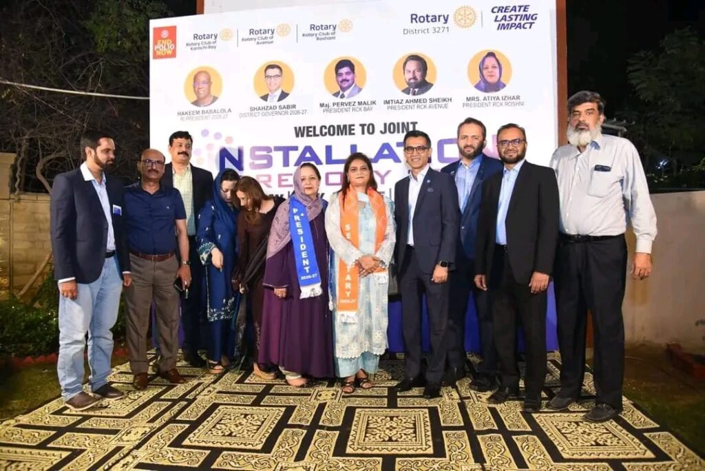 Members and Rotary leaders attend the Rotary Club of Roshni Karachi installation ceremony marking the beginning of Rotary Year 2026–27.