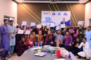 Rotary Club of Mirpurkhas Central officials present certificates to teachers at the closing ceremony of the Teachers Training Program held at SIMT in Mirpurkhas.