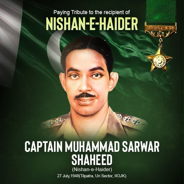 Portrait of Captain Muhammad Sarwar Shaheed, Pakistan's first Nishan-e-Haider recipient, commemorated on his 78th martyrdom anniversary.