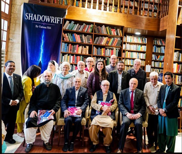 Author Fatima FSK speaking at the launch event of Shadowrift at Frere Hall in Karachi.