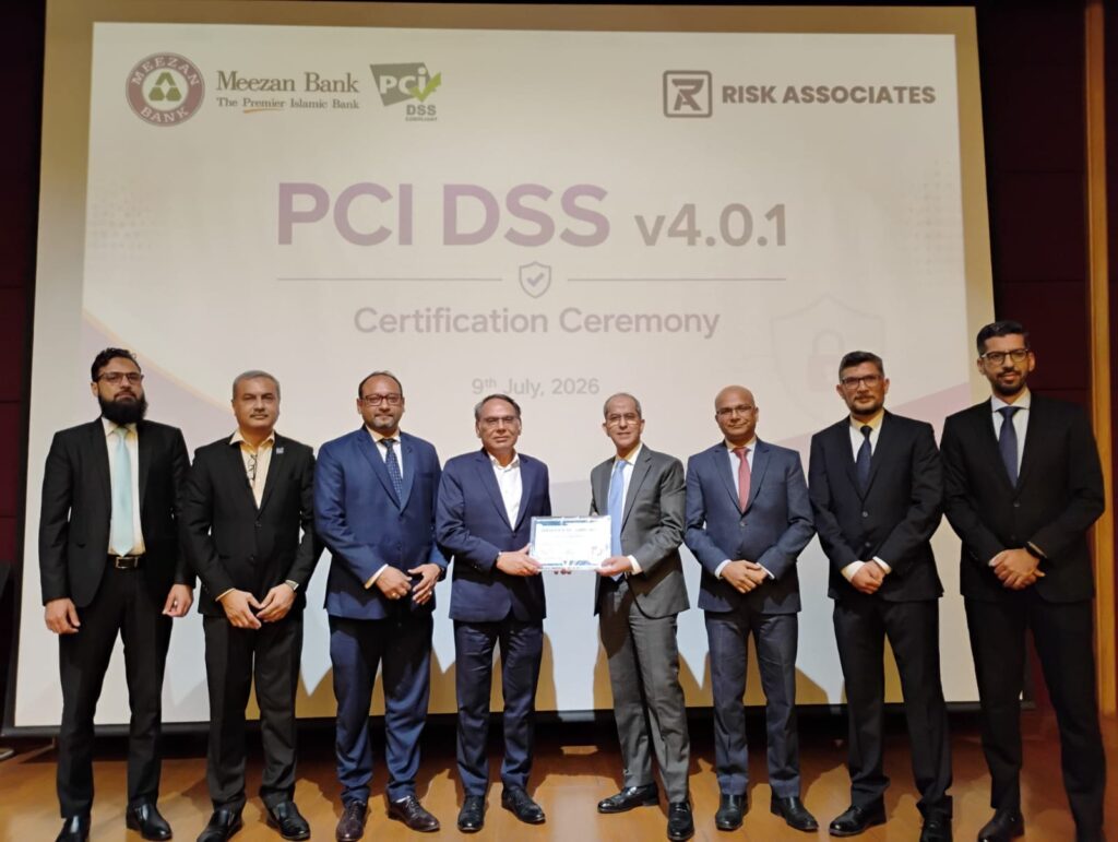 Meezan Bank receives the PCI DSS v4.0.1 Certificate of Compliance from Risk Associates in Karachi.