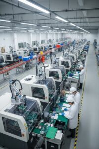 Workers assembling smartphones at a local manufacturing facility in Pakistan.