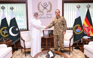 Field Marshal Asim Munir welcomes Kuwait's Foreign Minister Sheikh Jarrah Jaber Al-Ahmad Al-Sabah during a meeting at GHQ Rawalpindi.