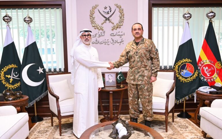 Field Marshal Asim Munir welcomes Kuwait's Foreign Minister Sheikh Jarrah Jaber Al-Ahmad Al-Sabah during a meeting at GHQ Rawalpindi.