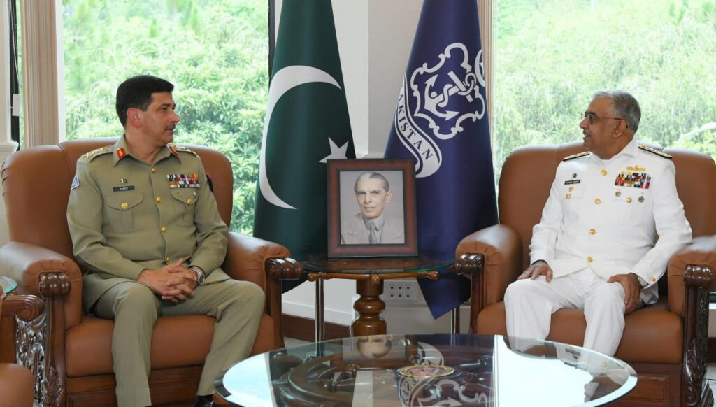 General Syed Aamer Raza with Admiral Naveed Ashraf and Air Chief Marshal Zaheer Ahmed Baber Sidhu during separate meetings following his appointment as National Strategic Command commander.