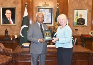 Governor Nehal Hashmi and British Deputy High Commissioner Alison Blackburne during a meeting at Governor House Karachi.
