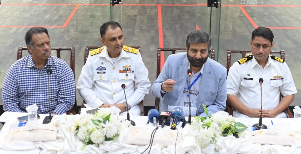 International squash players gather at the Pakistan Navy Roshan Khan–Jahangir Khan Squash Complex in Karachi for the Pakistan Navy Fleet Club Open Championship.