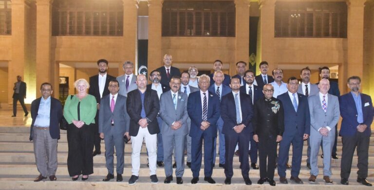 Governor Syed Muhammad Nehal Hashmi holds talks with American business leaders at the Governor House in Karachi.