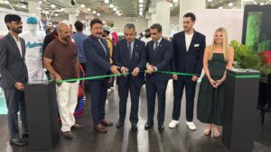 Visitors explore the Pakistan Pavilion at Texworld NYC 2026 showcasing textile and apparel products.