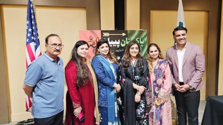 PPP President Riaz Hussain Kakakhel and party members welcome Sumeta Afzal Syed at a gathering in Karachi.