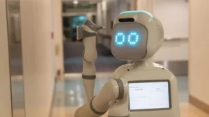 A humanoid service robot demonstrating how robot rental and subscription services are making advanced robotics more accessible to businesses and consumers.