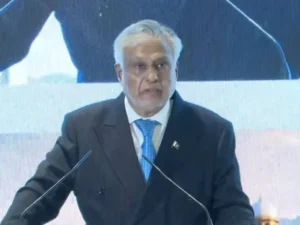 Ishaq Dar speaking at the Pakistan-Turkiye Business Conference on economic cooperation.