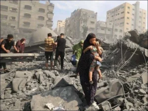Emergency responders conducting rescue operations after Israeli airstrikes damaged buildings in Gaza.