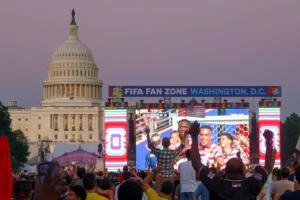 Football fans celebrating during the FIFA World Cup across the United States.