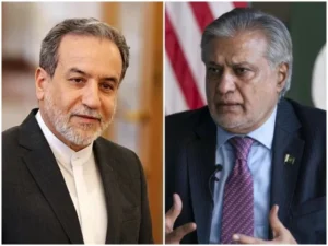 Pakistan Foreign Minister Ishaq Dar speaks with Iranian Foreign Minister Abbas Araghchi on regional peace and de-escalation.