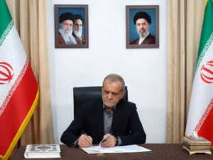 Iranian President Masoud Pezeshkian speaks during a public address as military tensions between Iran and the United States intensify.