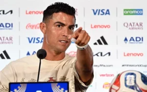 Portugal captain Cristiano Ronaldo addresses reporters before the FIFA World Cup Round of 16 match against Spain.