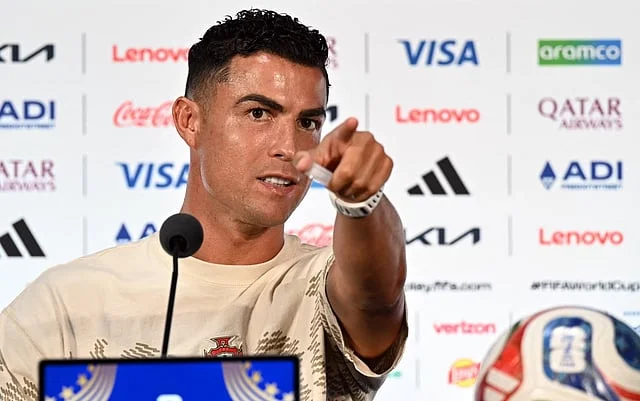 Portugal captain Cristiano Ronaldo addresses reporters before the FIFA World Cup Round of 16 match against Spain.
