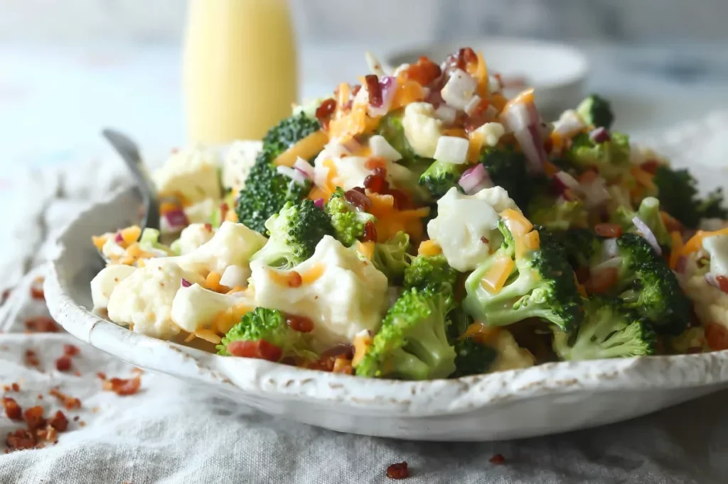 Creamy broccoli and cauliflower salad with bacon and cheddar cheese served in a bowl.