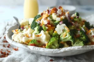 Creamy broccoli and cauliflower salad with bacon and cheddar cheese served in a bowl.