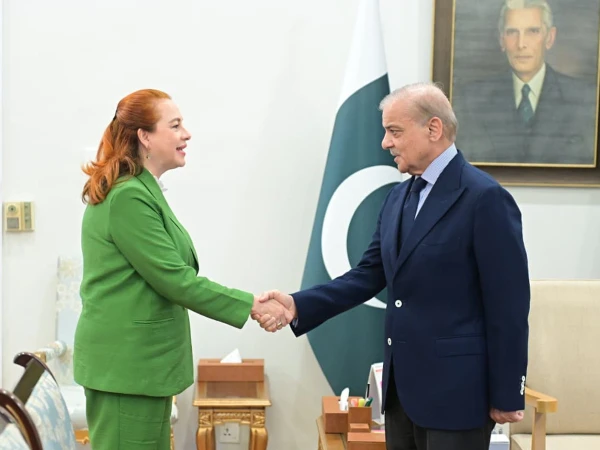 Prime Minister Shehbaz Sharif during a meeting with UN Secretary-General candidate María Fernanda Espinosa to discuss multilateral cooperation and global peace.