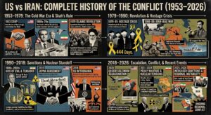 Learn the complete history of the US vs Iran conflict from the 1953 coup to the 2026 tensions, including the Islamic Revolution, nuclear dispute, sanctions, proxy wars, and diplomacy.