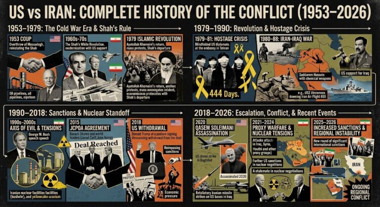 Learn the complete history of the US vs Iran conflict from the 1953 coup to the 2026 tensions, including the Islamic Revolution, nuclear dispute, sanctions, proxy wars, and diplomacy.