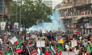 PTI supporters protest in Karachi as they demand the release of Imran Khan amid heavy security and road closures.