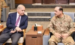 Prime Minister Shehbaz Sharif meeting Saudi Crown Prince Mohammed bin Salman during an official visit.