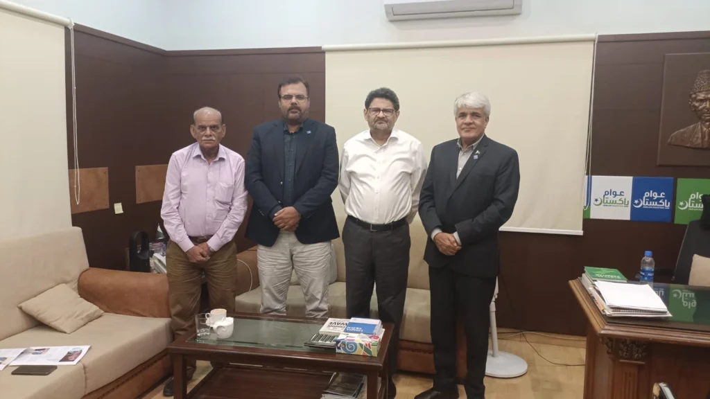 Miftah Ismail during a meeting with senior journalists at his office in Karachi.