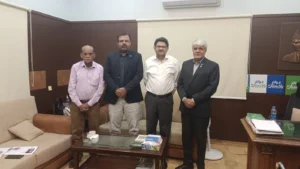 Miftah Ismail during a meeting with senior journalists at his office in Karachi.