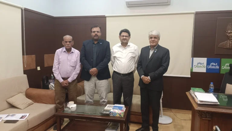 Miftah Ismail during a meeting with senior journalists at his office in Karachi.