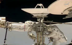 French astronaut Sophie Adenot during a historic spacewalk outside the International Space Station.