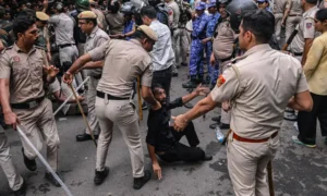 Indian police confront protesters during demonstrations in New Delhi