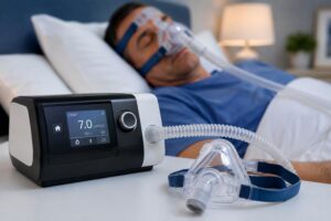 Modern CPAP device with digital monitoring technology for sleep apnea therapy.