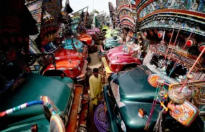 Heavy cargo trucks parked during the nationwide transport strike in pakistan