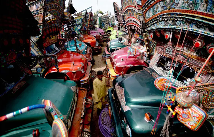 Heavy cargo trucks parked during the nationwide transport strike in pakistan