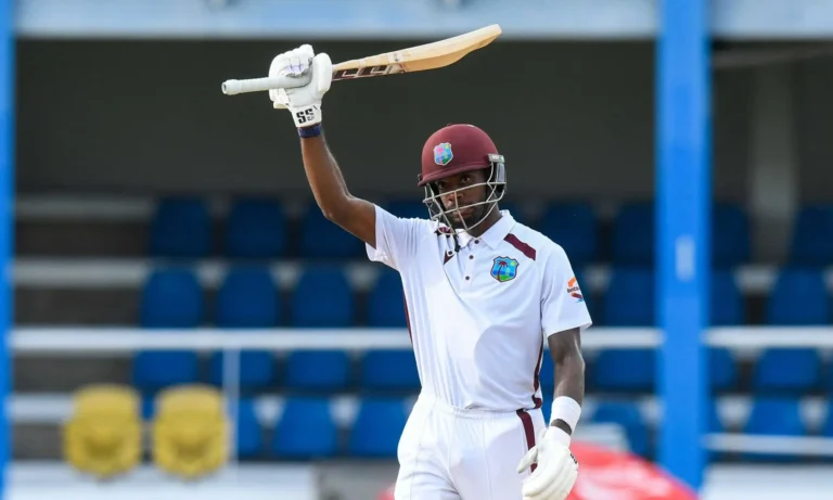 West Indies batter Justin Greaves plays a shot during the second Test against Pakistan at Queen's Park Oval.