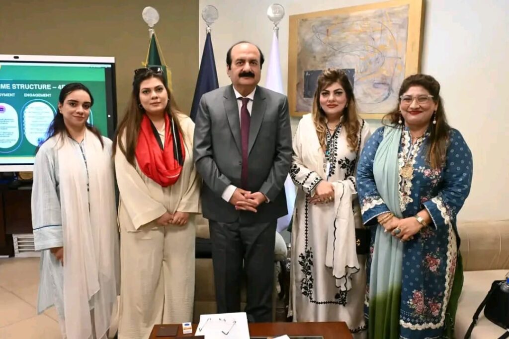 Chairman PMYP Rana Mashhood with members of the Handicrafts Association of Pakistan during a meeting on women artisans.