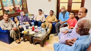Former Karachi Press Club member Hina Rind meets fellow journalists at Ghousha Aafiyat in Karachi.