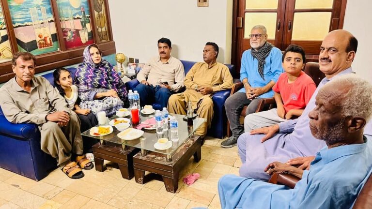 Former Karachi Press Club member Hina Rind meets fellow journalists at Ghousha Aafiyat in Karachi.
