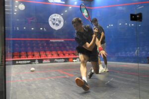 Pakistan's Asim Khan in action against Noor Zaman during the PN Fleet Club Open International Squash Championship in Karachi.