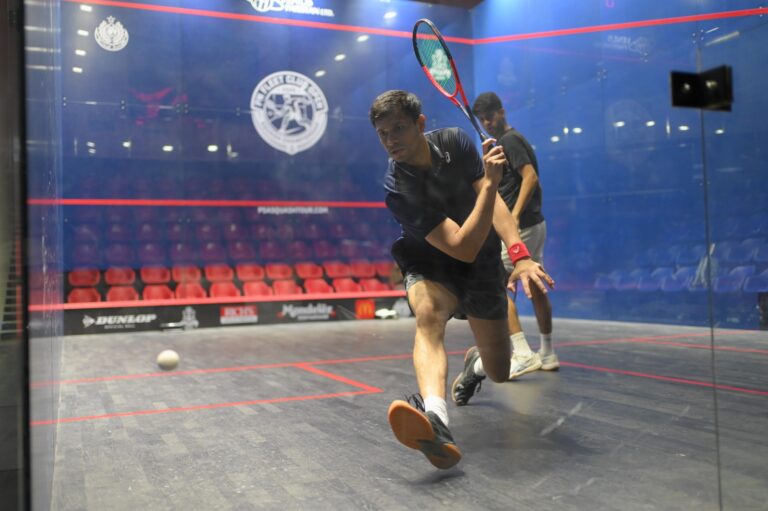 Pakistan's Asim Khan in action against Noor Zaman during the PN Fleet Club Open International Squash Championship in Karachi.