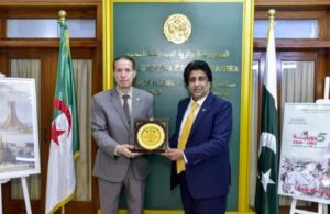 Imran Tessori and Algerian Ambassador Brahim Romani during a meeting on Pakistan-Algeria economic relations.