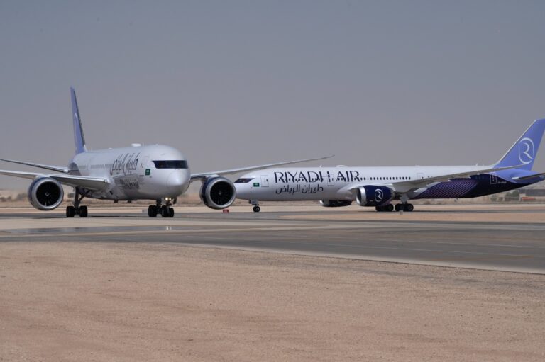 Riyadh Air Boeing 787-9 aircraft launching Islamabad and Lahore services.