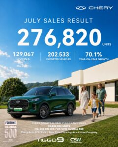 A Chery vehicle displayed as the automaker marks 20 million global sales and record-breaking monthly exports.