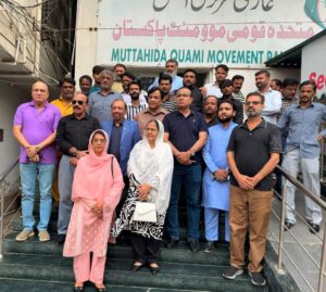 Farooq Sattar speaking at MQM-P's Bahadurabad headquarters in Karachi.