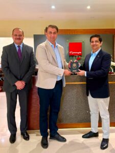 Arshad Wali Muhammad and Adil Mirza attend the launch ceremony of Centrum Air's inaugural Karachi–Tashkent flight.