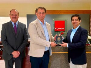 Arshad Wali Muhammad and Adil Mirza attend the launch ceremony of Centrum Air's inaugural Karachi–Tashkent flight.